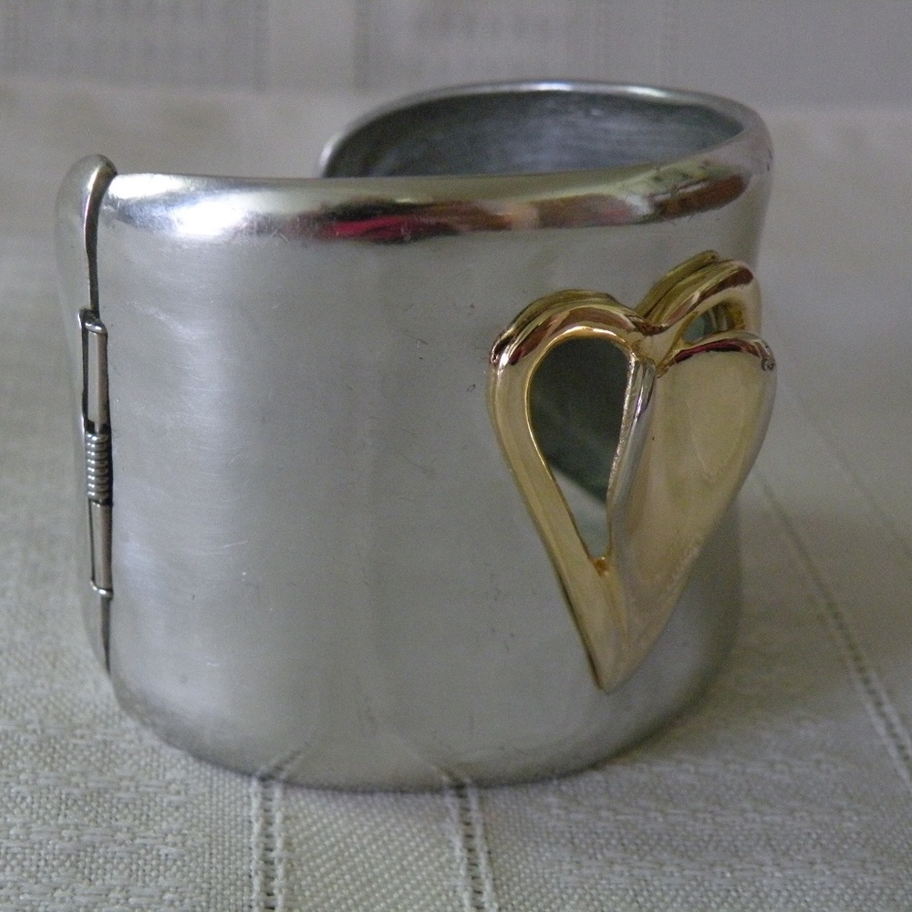 Diane von Furstenberg Silver & Gold Tone Heart 2" Wide Hinge Cuff Bracelet - Picture 5 of 12